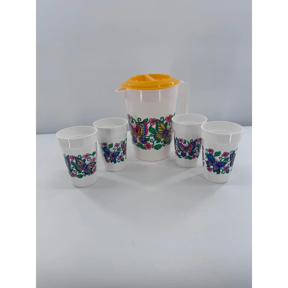 Vintage Butterfly Drink Pitcher Glasses Set White Yellow Floral Retro 5pc Picnic